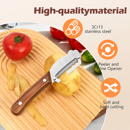 ✨Discounted Price ✨Multi-Functional Vegetable Peeler for Kitchen, Ultra-Sharp Stainless Steel Blade with Wooden Handle and Bottle Opener (2 Pcs)