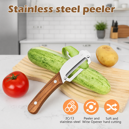 ✨Discounted Price ✨Multi-Functional Vegetable Peeler for Kitchen, Ultra-Sharp Stainless Steel Blade with Wooden Handle and Bottle Opener (2 Pcs)