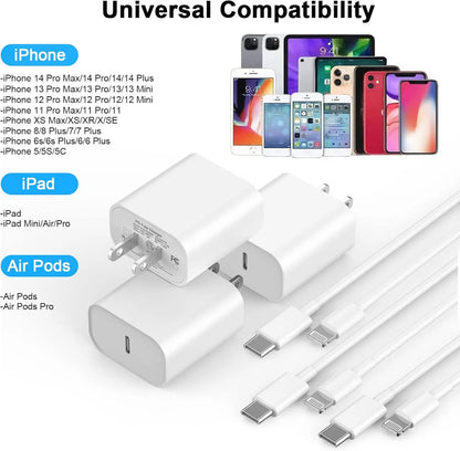 2-Pack 20W PD USB-C Fast Charger & 6FT Cable for iPhone