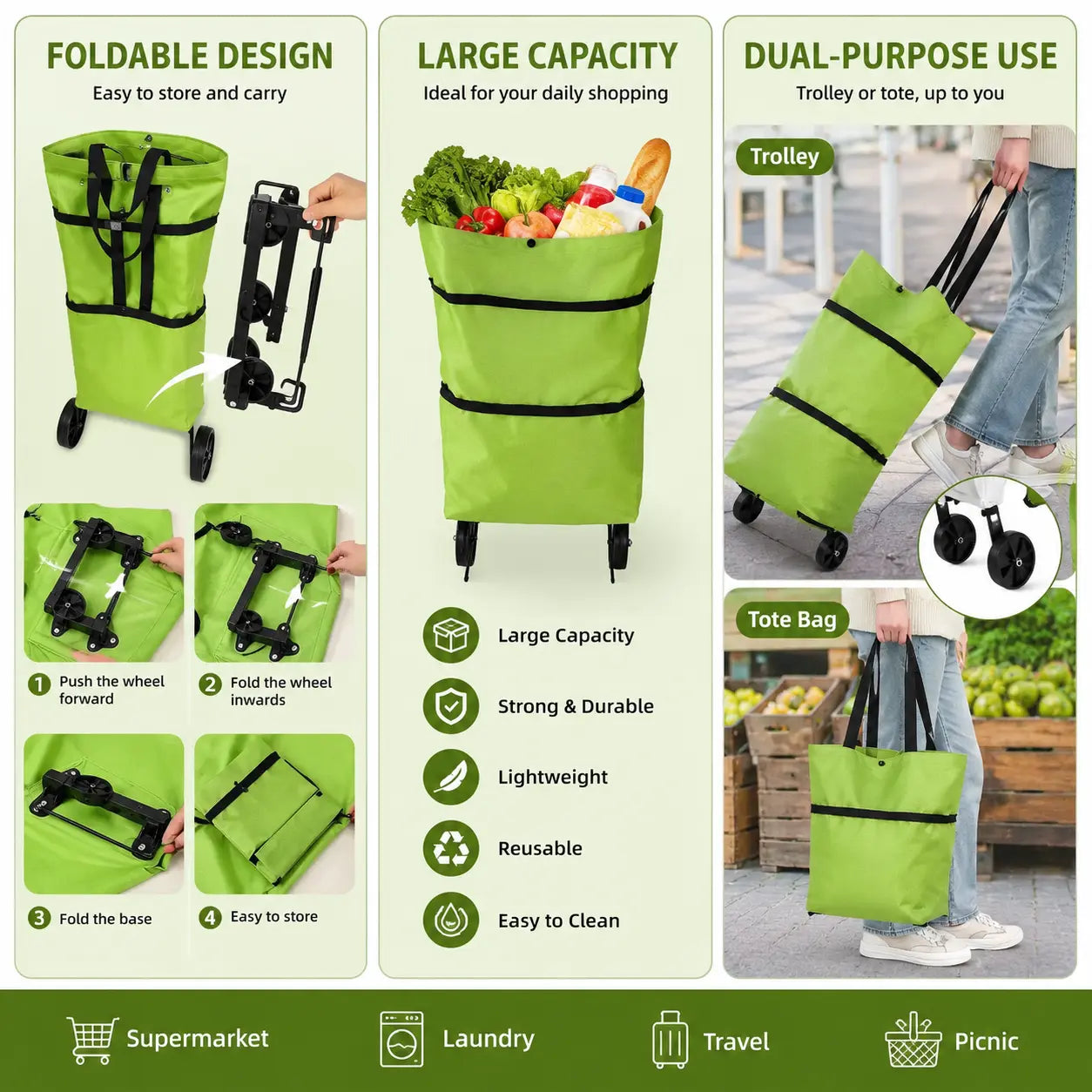 🔥HOT SALE🥳💞50K+ SOLD!💥🛒Foldable Wheeled Shopping Bag, 2-in-1 Grocery Trolley Tote