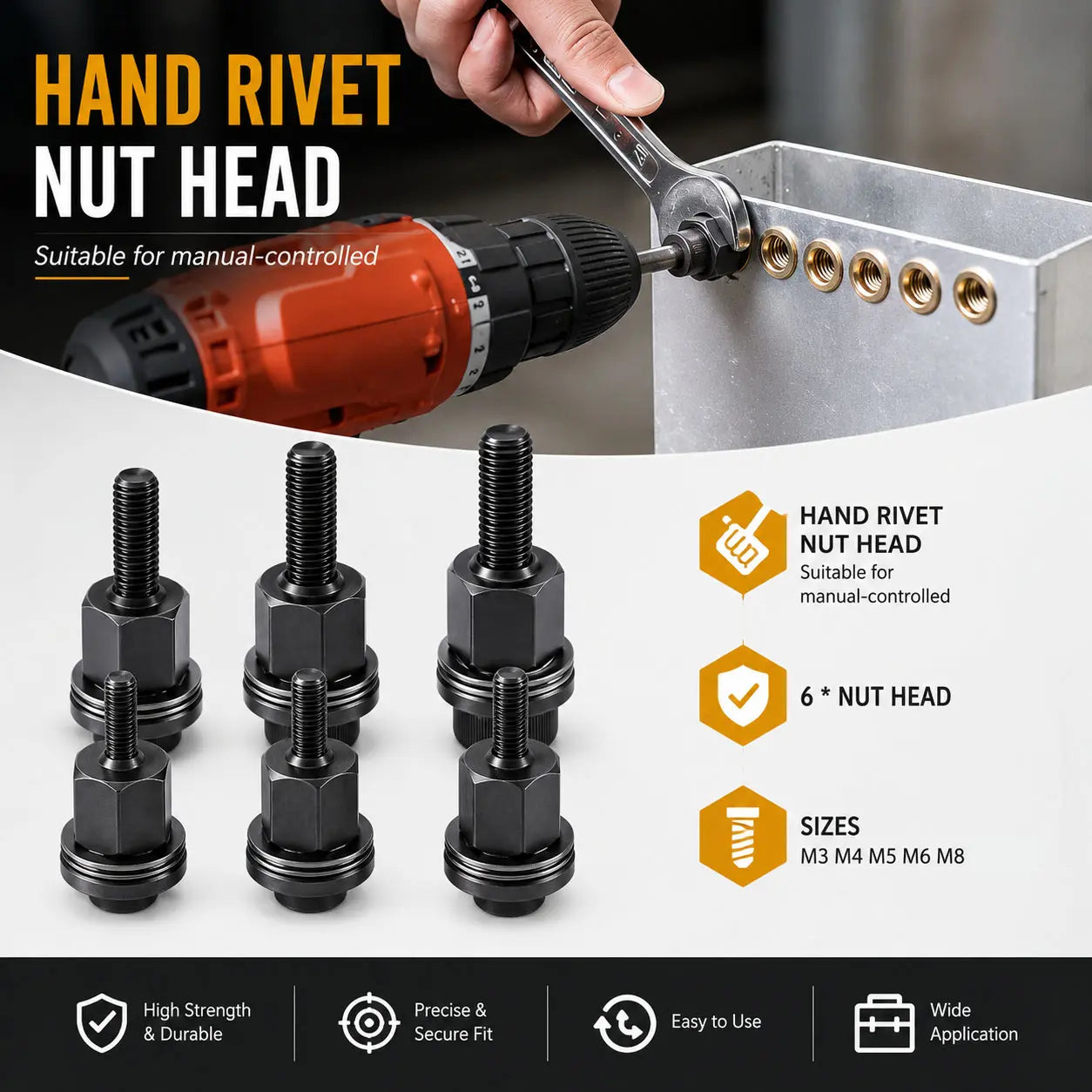 🏆🔩Head Rivet Nut Tool, M3-M8 Rivnut Kit, Carbon Steel Rivnut Set, Manual Riveter Rivnuts Tool