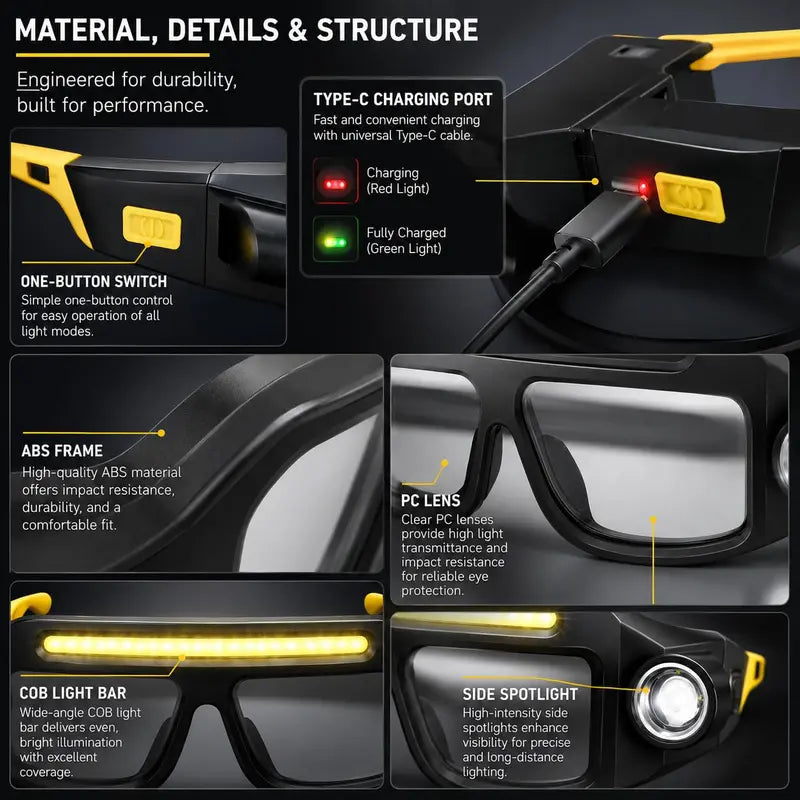 🔥 Limited-Time 49% OFF- LED Glasses Headlamp 👓💡Hand-Wave Sensor, 5 Modes, IPX4 Waterproof