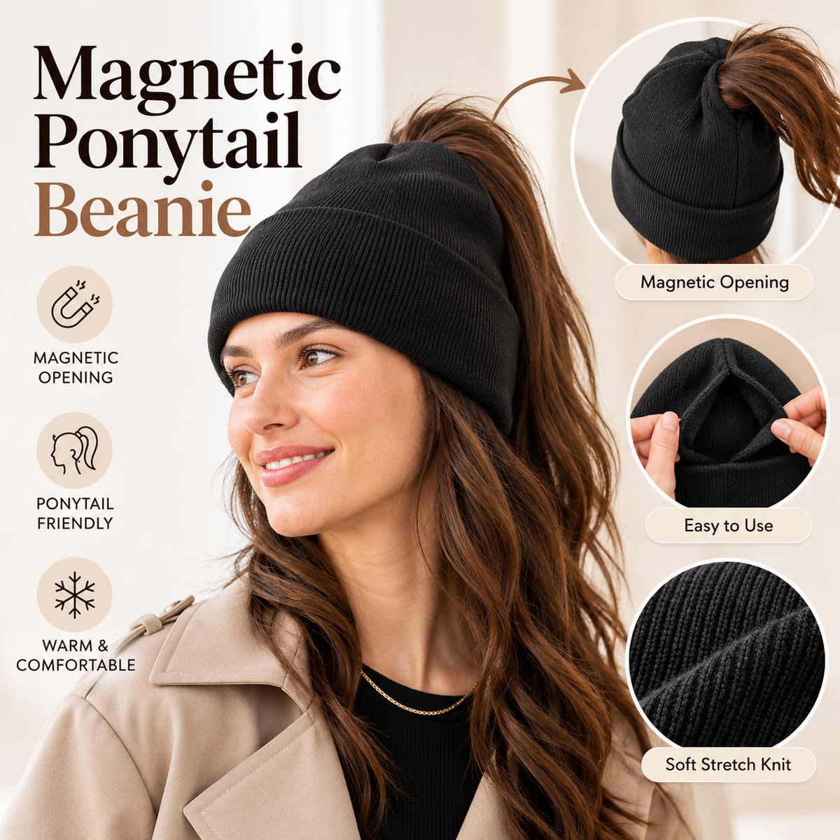 ❄️ Magnetic Ponytail Beanie for Women | Cozy Knit Winter Hat with Hidden Back Opening