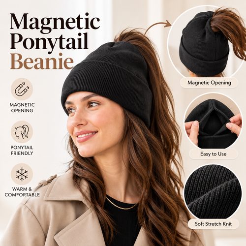 ❄️ Magnetic Ponytail Beanie for Women | Cozy Knit Winter Hat with Hidden Back Opening