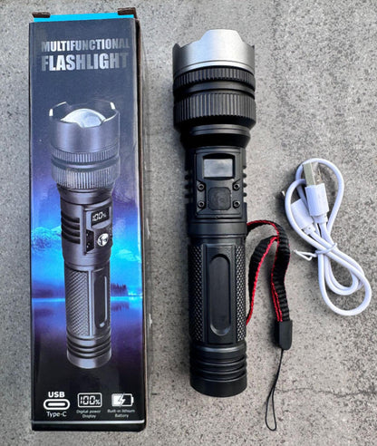 💥 50% OFF 🔦 High-Power Rechargeable Zoom Flashlight ✨ Power Bank & Digital Battery Display