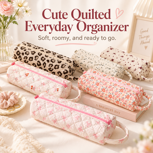 🔥LAST DAY 49% OFF👝 Quilted Cylinder Makeup Bag | 🎀 Cute Travel Toiletry Pouch with Handle