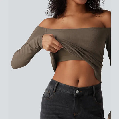 💕Hot sale 49% OFF💖Women’s Off Shoulder Long Sleeve Top | Built-In Bra Fitted Shirt