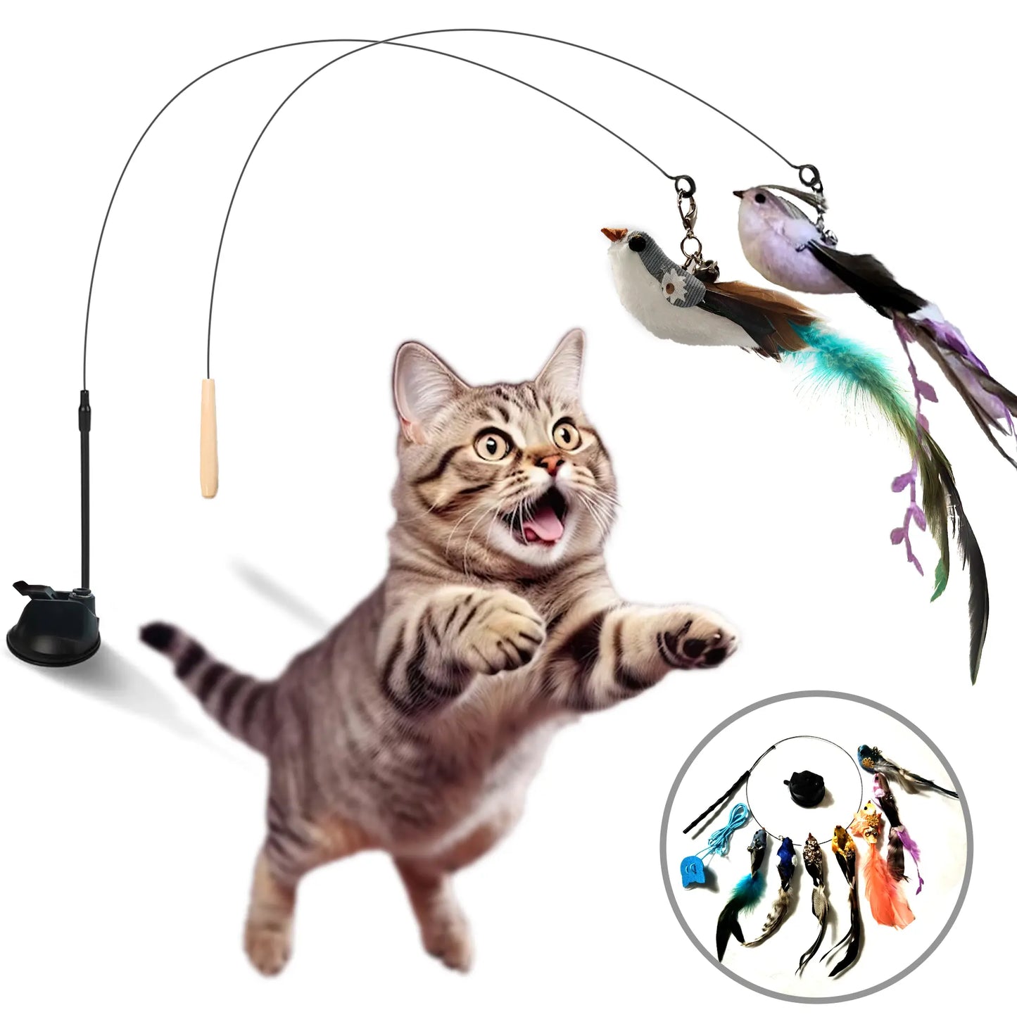 ⚡Best Seller🔥🐱Suction Cup Cat Toy Wand, Hands‑Free Interactive Feather Bird Teaser for Indoor Cats