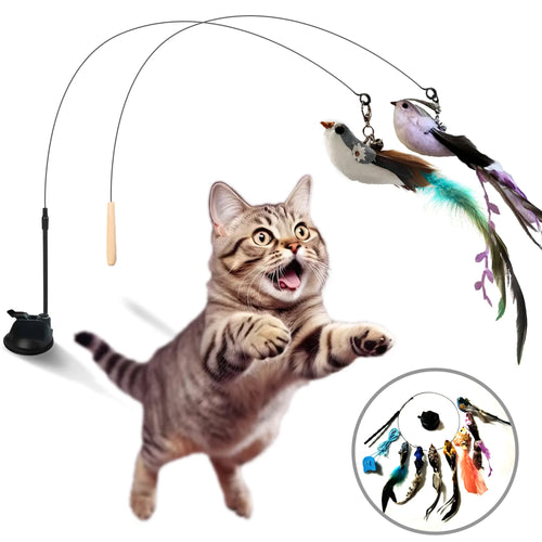 ⚡Best Seller🔥🐱Suction Cup Cat Toy Wand, Hands‑Free Interactive Feather Bird Teaser for Indoor Cats