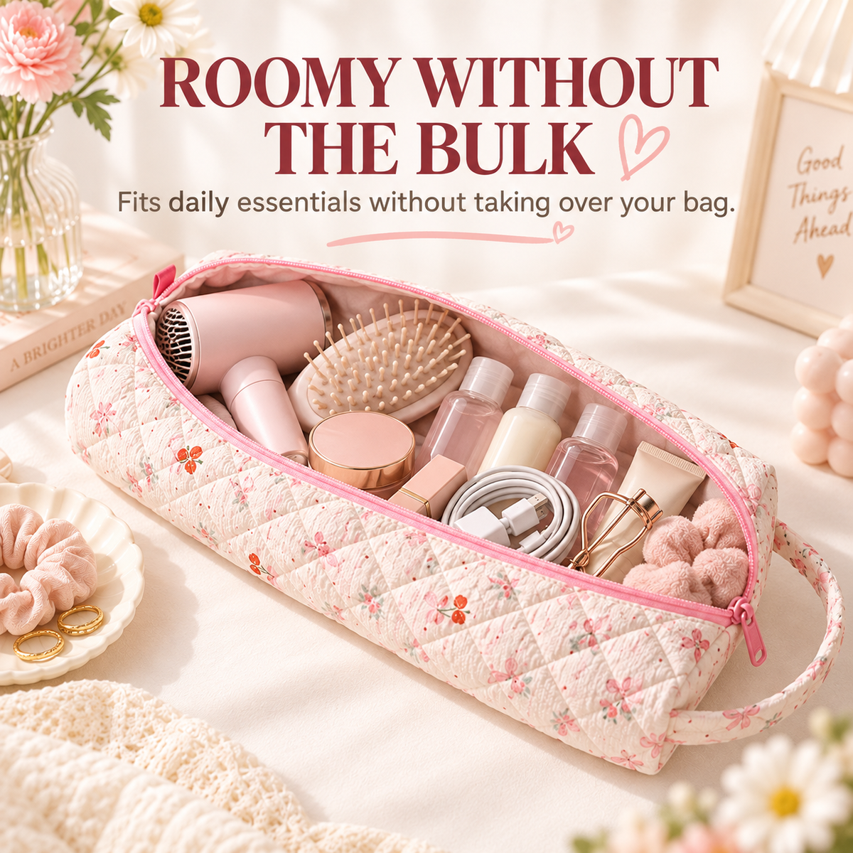 🔥LAST DAY 49% OFF👝 Quilted Cylinder Makeup Bag | 🎀 Cute Travel Toiletry Pouch with Handle