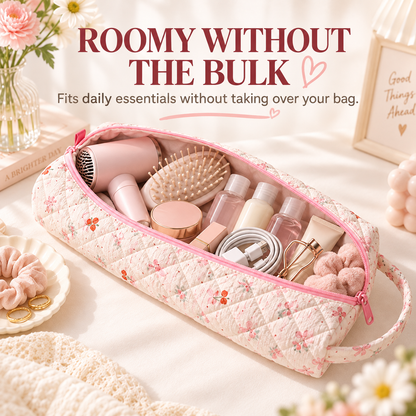 🔥LAST DAY 49% OFF👝 Quilted Cylinder Makeup Bag | 🎀 Cute Travel Toiletry Pouch with Handle