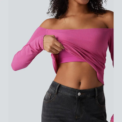💕Hot sale 49% OFF💖Women’s Off Shoulder Long Sleeve Top | Built-In Bra Fitted Shirt