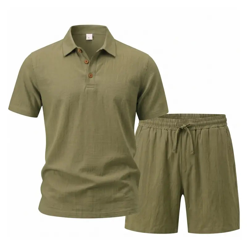 Hot Sales 🔥👕Men Linen Polo 2 Piece Outfit,🌴 Summer Shorts & Long Pants Suit🩳  👖
