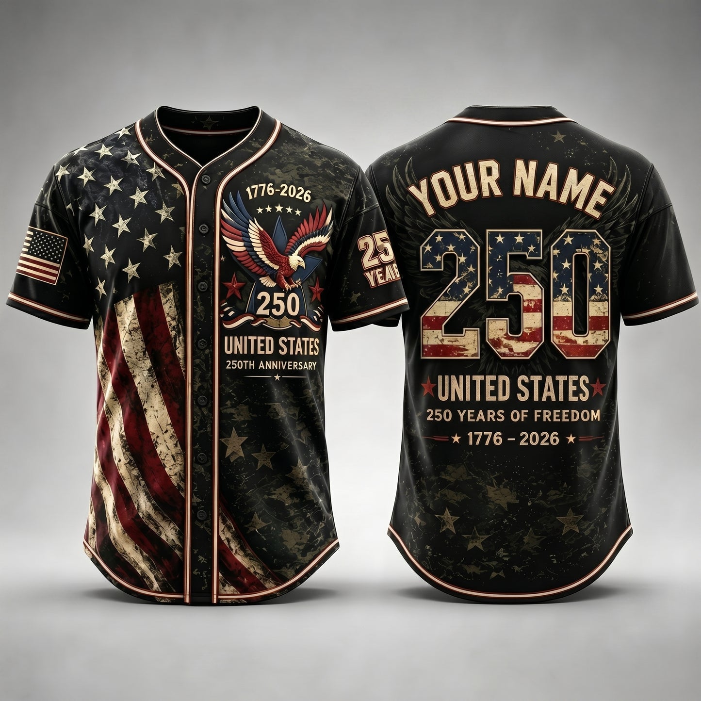 Unisex Button Down Baseball Jersey for Men & Women, USA 250th Anniversary Patriotic Shirt, American Flag Eagle Print 1776-2026