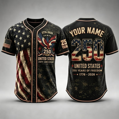 Unisex Button Down Baseball Jersey for Men & Women, USA 250th Anniversary Patriotic Shirt, American Flag Eagle Print 1776-2026