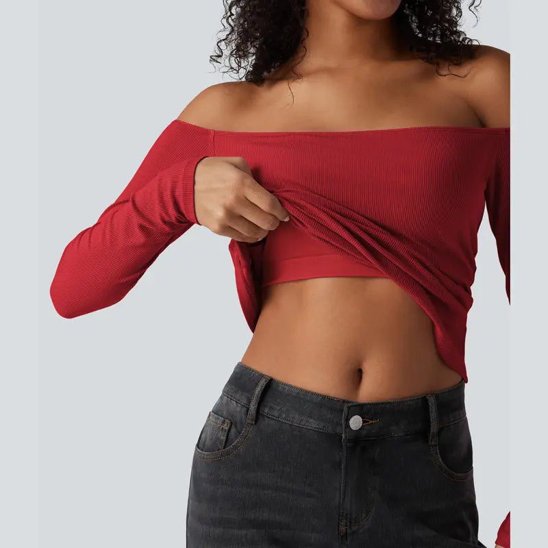 💕Hot sale 49% OFF💖Women’s Off Shoulder Long Sleeve Top | Built-In Bra Fitted Shirt