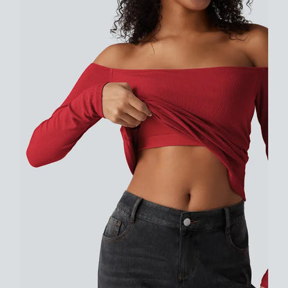 💕Hot sale 49% OFF💖Women’s Off Shoulder Long Sleeve Top | Built-In Bra Fitted Shirt