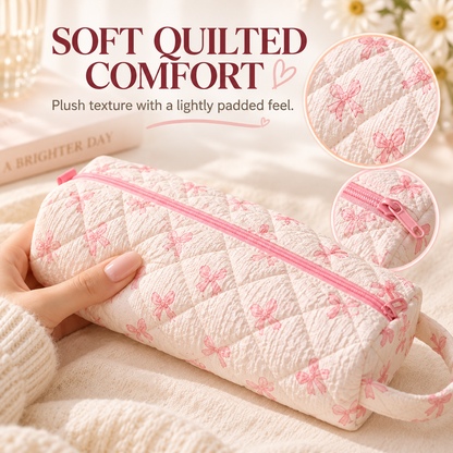 🔥LAST DAY 49% OFF👝 Quilted Cylinder Makeup Bag | 🎀 Cute Travel Toiletry Pouch with Handle