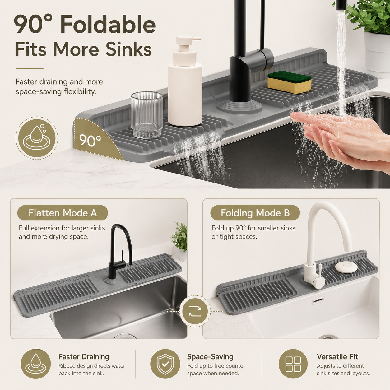 📢LAST DAY 49% OFF🔥🚰Silicone Sink Faucet Splash Guard Mat | 7° Slope Self Draining Foldable Kitchen Counter Mat
