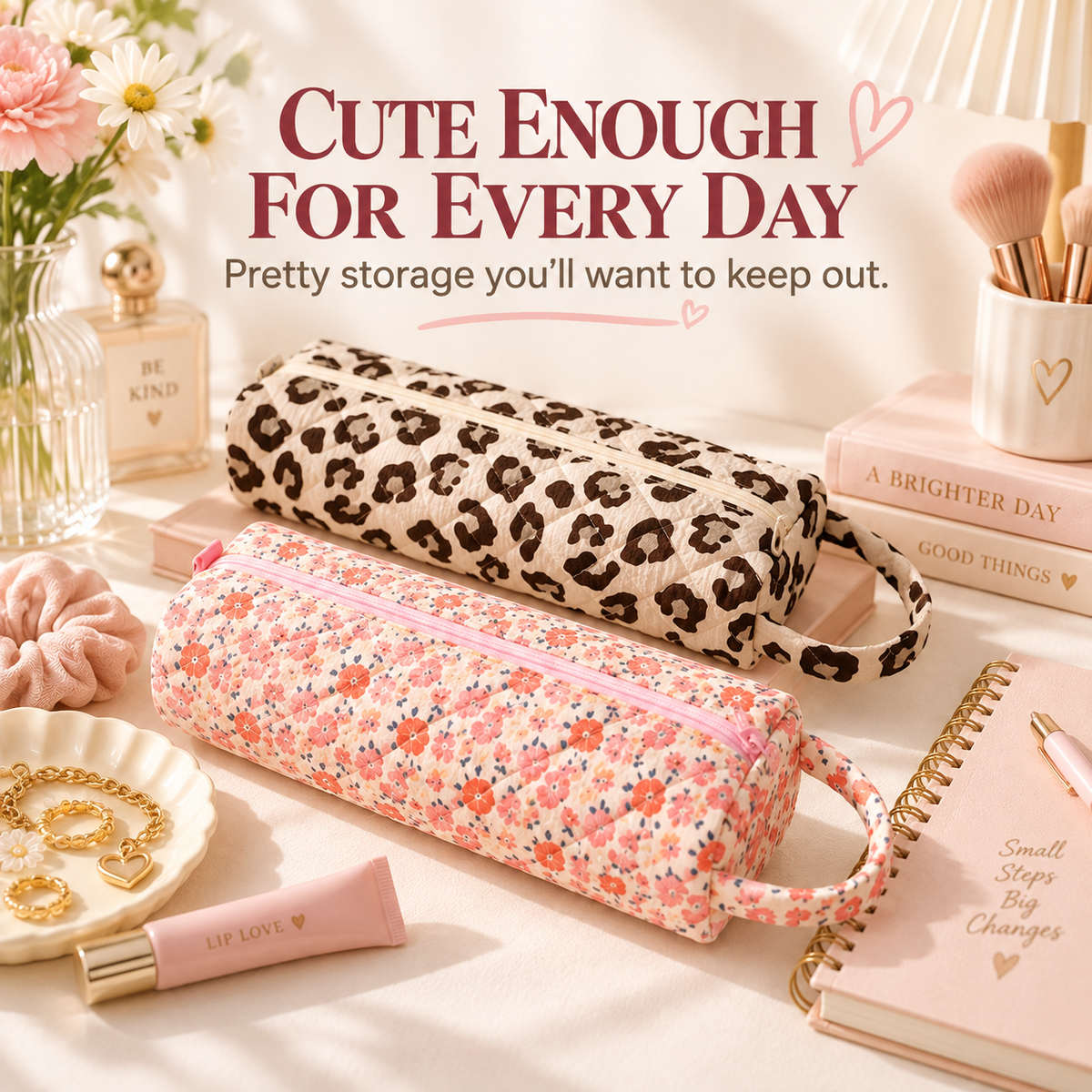 🔥LAST DAY 49% OFF👝 Quilted Cylinder Makeup Bag | 🎀 Cute Travel Toiletry Pouch with Handle