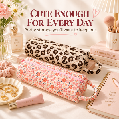 🔥LAST DAY 49% OFF👝 Quilted Cylinder Makeup Bag | 🎀 Cute Travel Toiletry Pouch with Handle