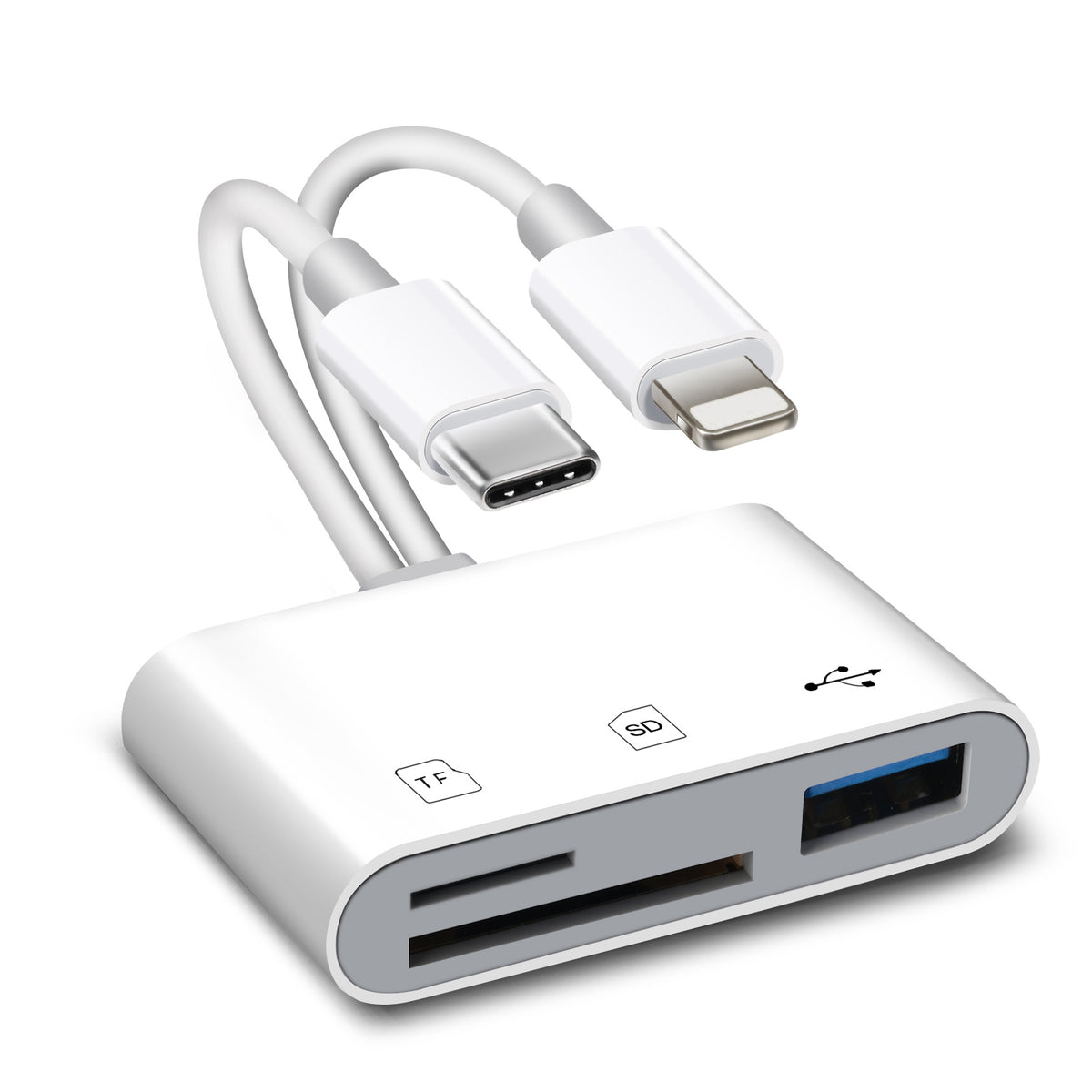 ⚡ Multi-Function SD Card Reader with USB-C/Lightning/USB-A — High-Speed OTG Adapter for iPhone, iPad & Android