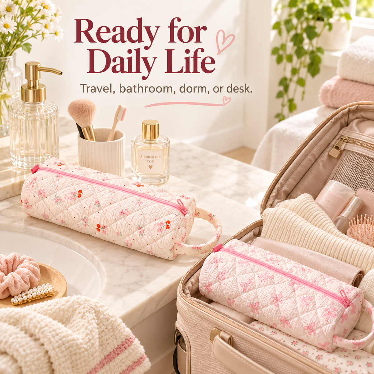 🔥LAST DAY 49% OFF👝 Quilted Cylinder Makeup Bag | 🎀 Cute Travel Toiletry Pouch with Handle