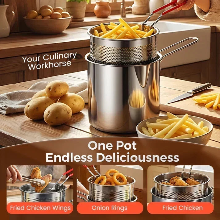 🔥Limited Time 49% OFF🍳 Oil‑Saving Deep Fry Pot, Stainless Steel Small Frying Pot with Strainer Basket & Food Clip