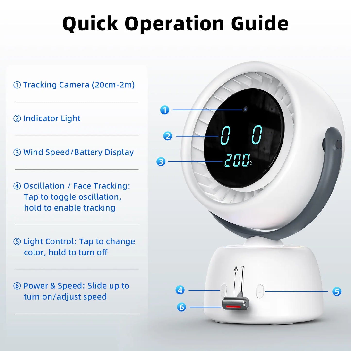 🌀Smart Head Tracking Fan ✨ Rechargeable 200-Speed Personal Cooling Fan with Ambient Light