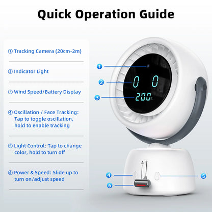 🌀Smart Head Tracking Fan ✨ Rechargeable 200-Speed Personal Cooling Fan with Ambient Light