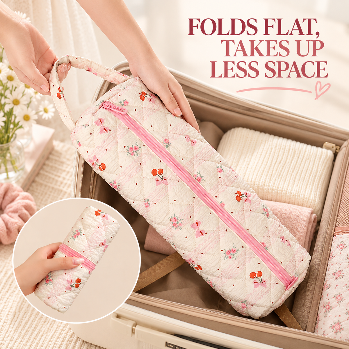 🔥LAST DAY 49% OFF👝 Quilted Cylinder Makeup Bag | 🎀 Cute Travel Toiletry Pouch with Handle