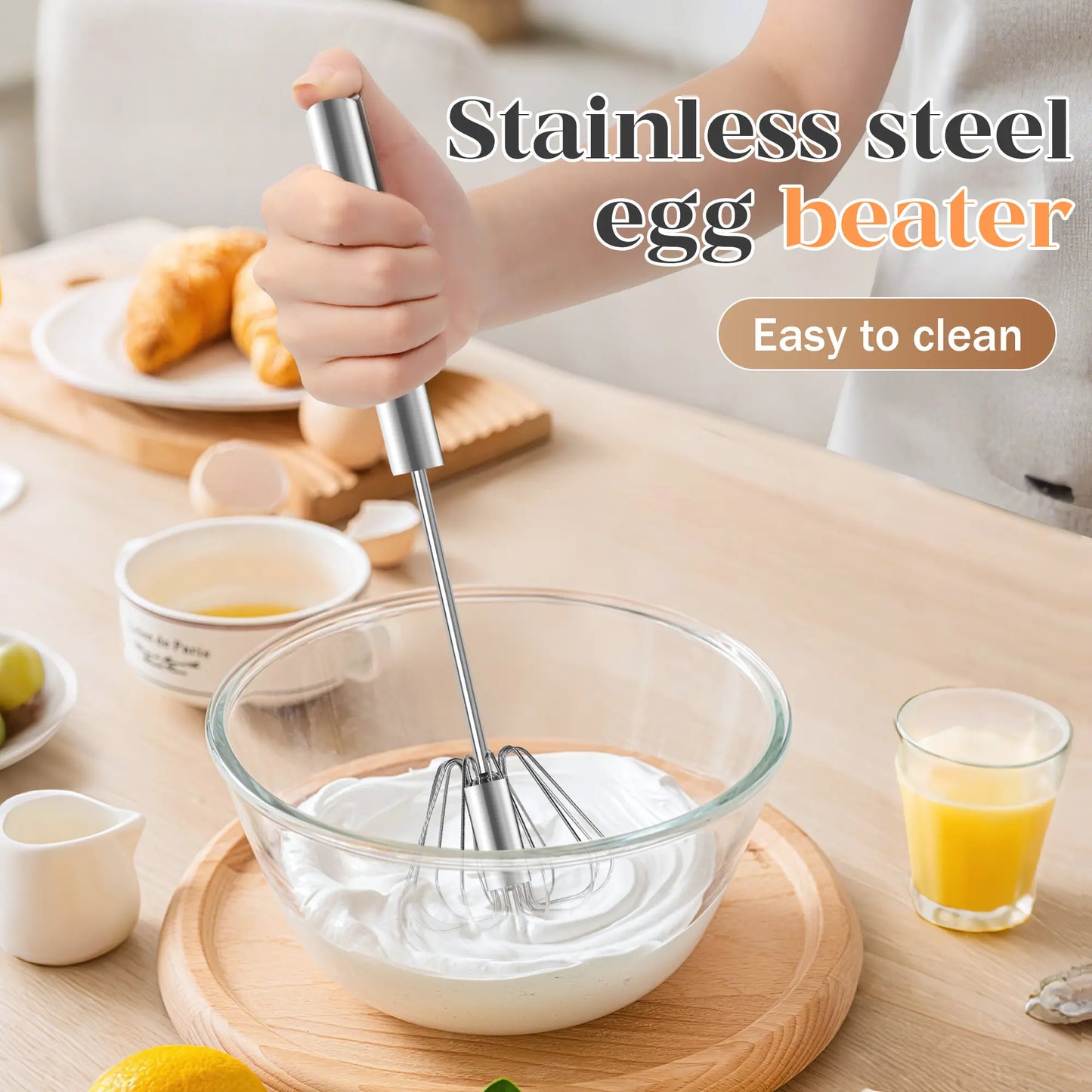 🥚☕Stainless Steel Hand-Push Rotary Whisk, Food-Grade Rust-Resistant Kitchen Utensil with Sturdy Riveted Construction.