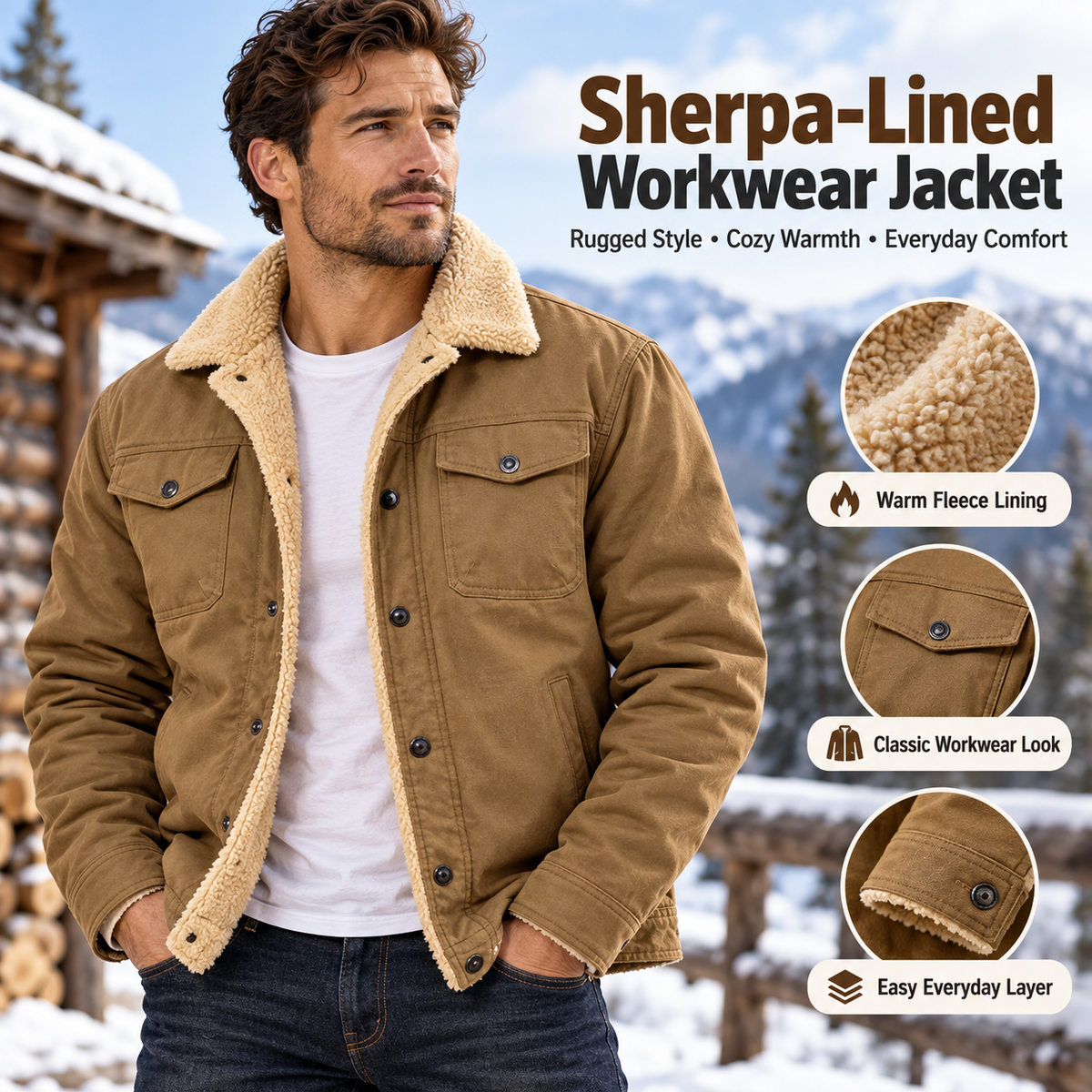 🔥Last Day 49%❄️ Men’s Sherpa-Lined Workwear Jacket 🧥 Warm & Rugged Winter Coat