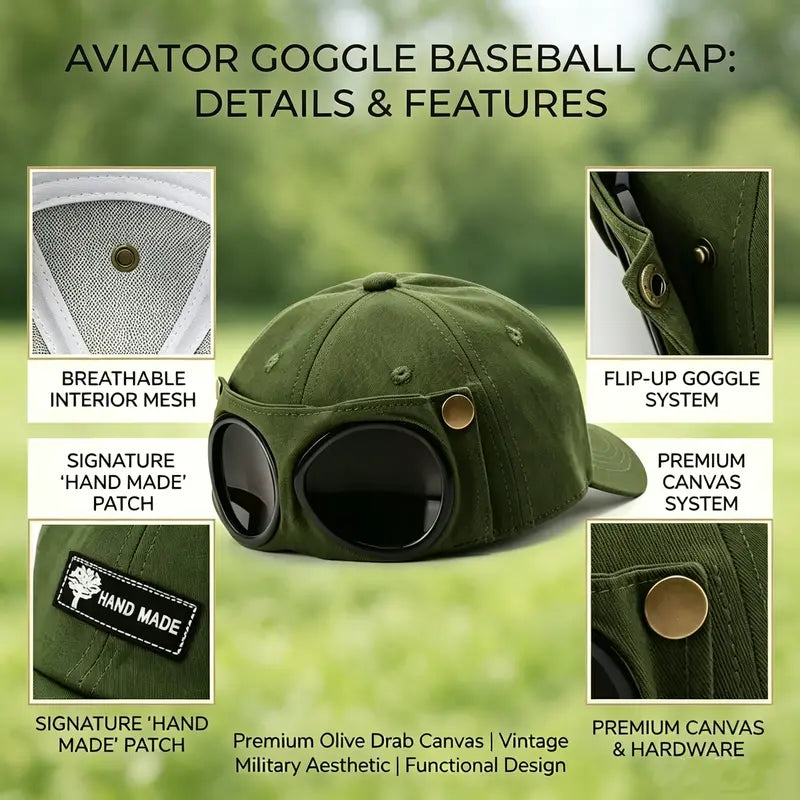 🔥LAST DAY 49% OFF🔥🧢Vintage Pilot Baseball Cap with Flip‑Up Goggles, 🛩️Sun Protection Fitted Hat for Men