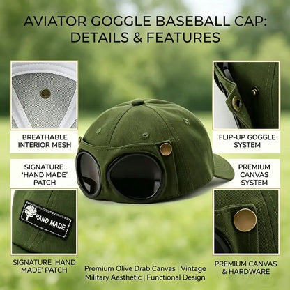 🔥LAST DAY 49% OFF🔥🧢Vintage Pilot Baseball Cap with Flip‑Up Goggles, 🛩️Sun Protection Fitted Hat for Men