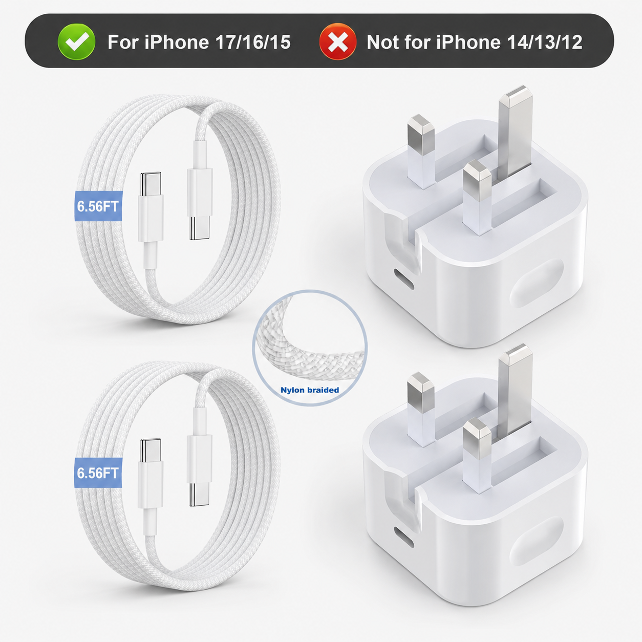 🔥LAST DAY 49% OFF🔥🔌 2-Pack 20W USB-C PD Fast Charger Set ⚡ 6.56 FT Long Charging Cable
