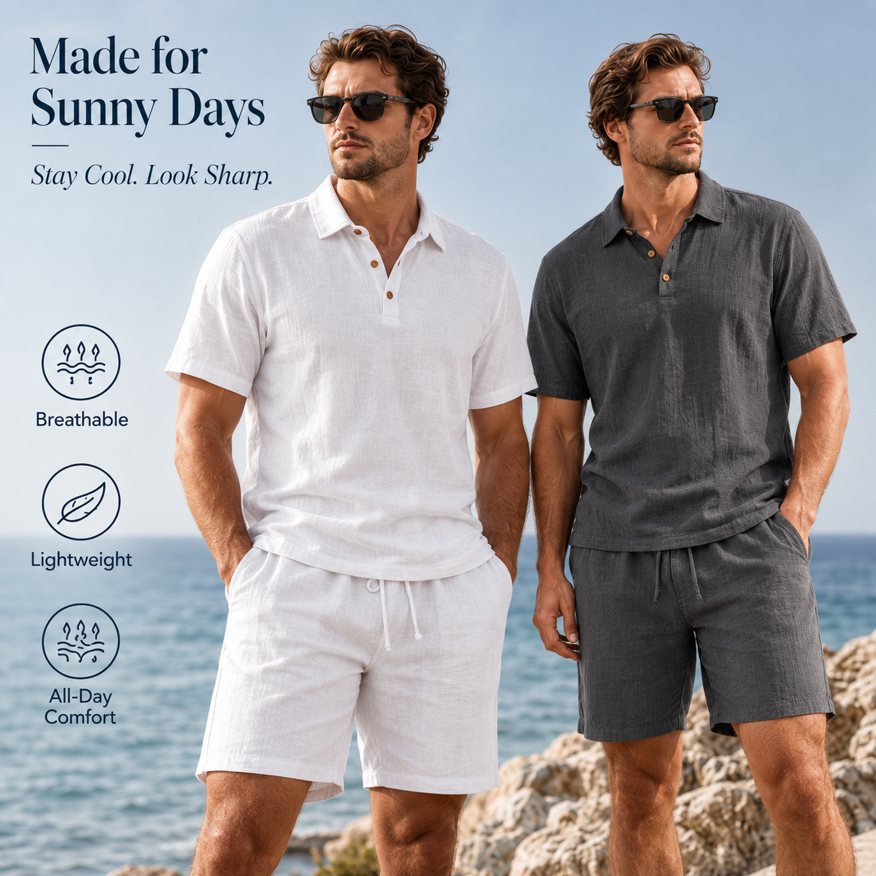 Hot Sales 🔥👕Men Linen Polo 2 Piece Outfit,🌴 Summer Shorts & Long Pants Suit🩳  👖