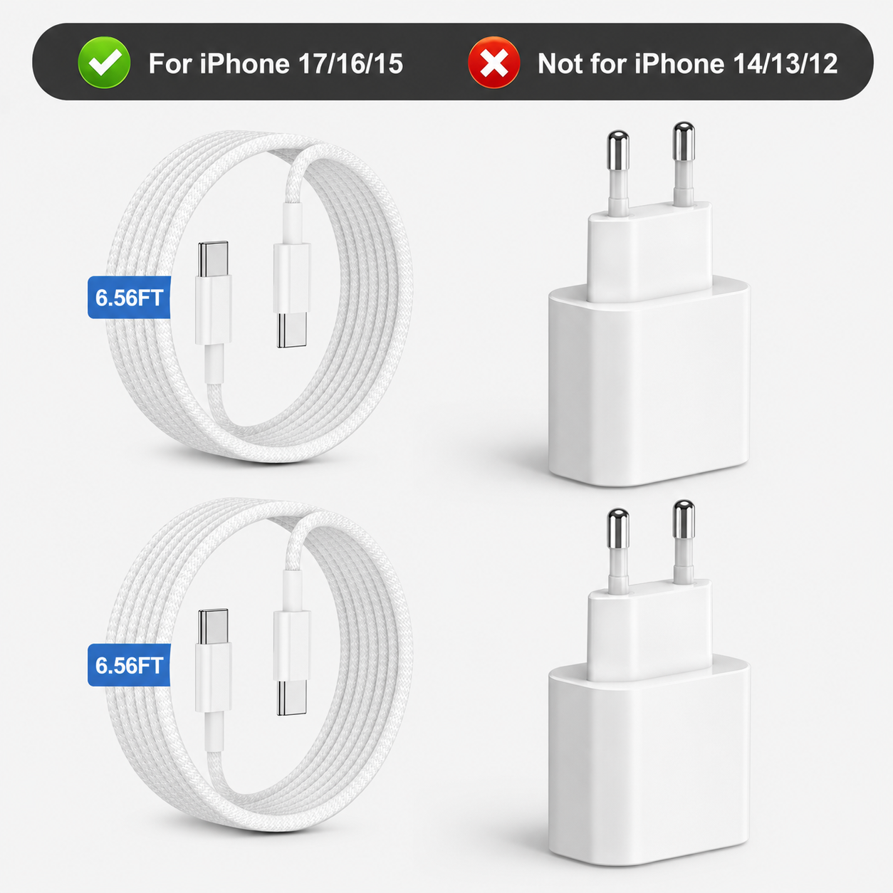 🔥LAST DAY 49% OFF🔥🔌 2-Pack 20W USB-C PD Fast Charger Set ⚡ 6.56 FT Long Charging Cable