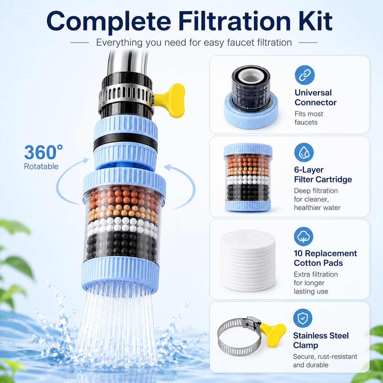 🔥LAST DAY 49% OFF🔥💧 6-Layer Faucet Water Filter ✨ 360° Rotatable Kitchen Tap Purifier, Splash-Free Tap Filter
