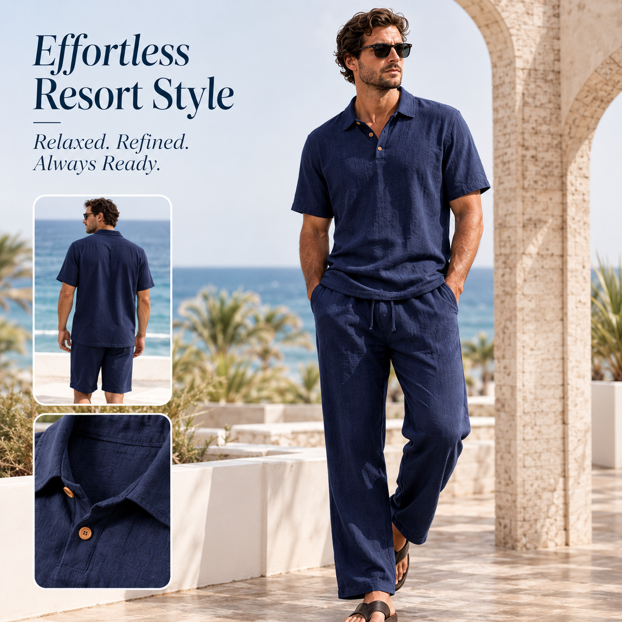 Hot Sales 🔥👕Men Linen Polo 2 Piece Outfit,🌴 Summer Shorts & Long Pants Suit🩳  👖
