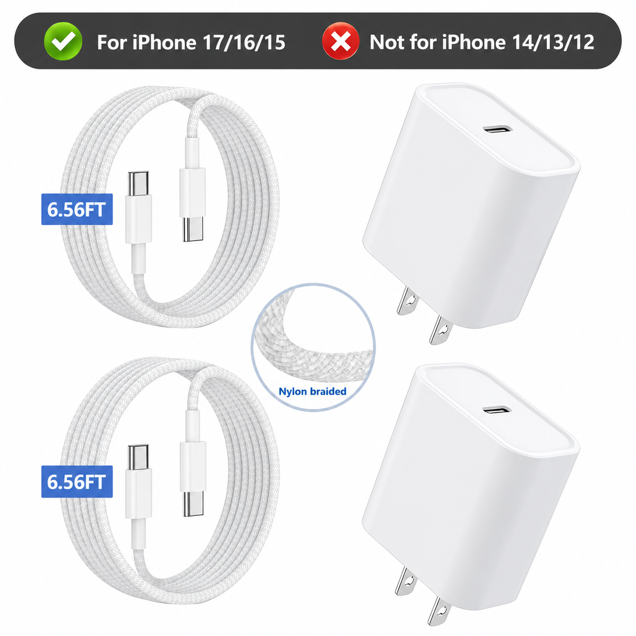 🔥LAST DAY 49% OFF🔥🔌 2-Pack 20W USB-C PD Fast Charger Set ⚡ 6.56 FT Long Charging Cable