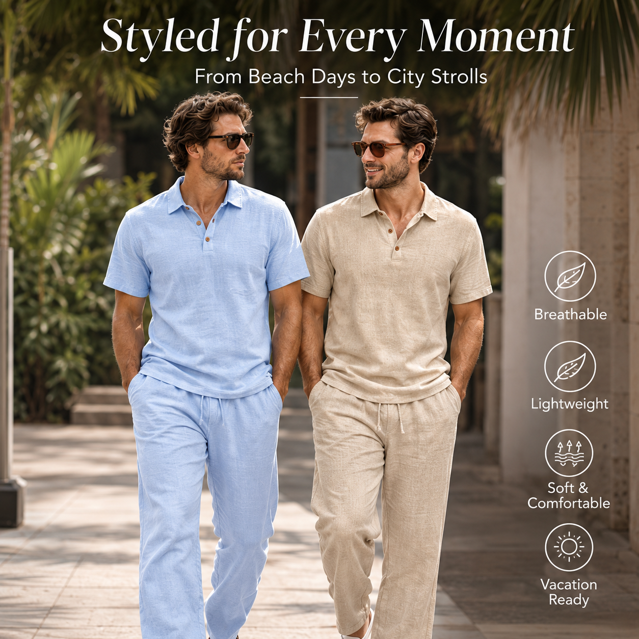 Hot Sales 🔥👕Men Linen Polo 2 Piece Outfit,🌴 Summer Shorts & Long Pants Suit🩳  👖