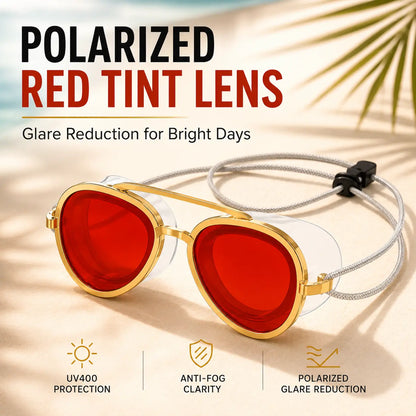 2-in-1 Polarized Swim Goggles & Sunglasses, Gold Frame Red Tinted Anti-Fog Goggles with UV Protection, 180° Wide View Silicone Seal for Adults