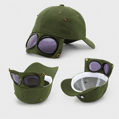 🔥LAST DAY 49% OFF🔥🧢Vintage Pilot Baseball Cap with Flip‑Up Goggles, 🛩️Sun Protection Fitted Hat for Men