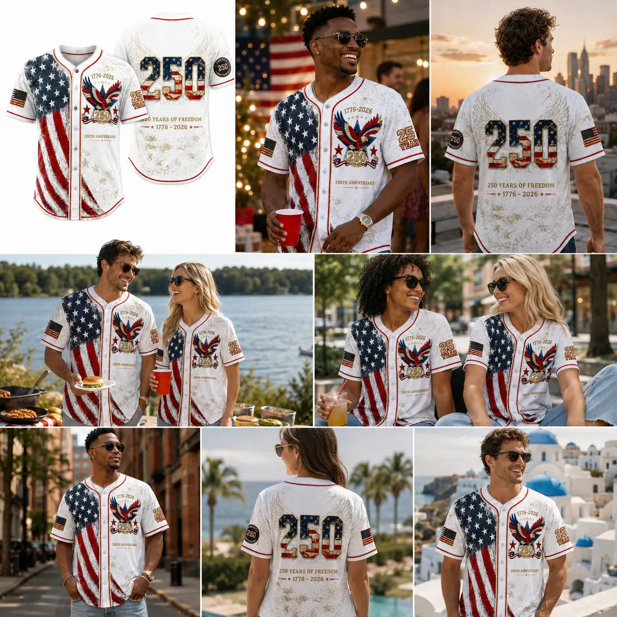 Unisex Button Down Baseball Jersey for Men & Women, USA 250th Anniversary Patriotic Shirt, American Flag Eagle Print 1776-2026