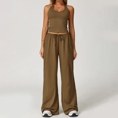 Women's Summer V Neck Top & Wide Leg Pants Set