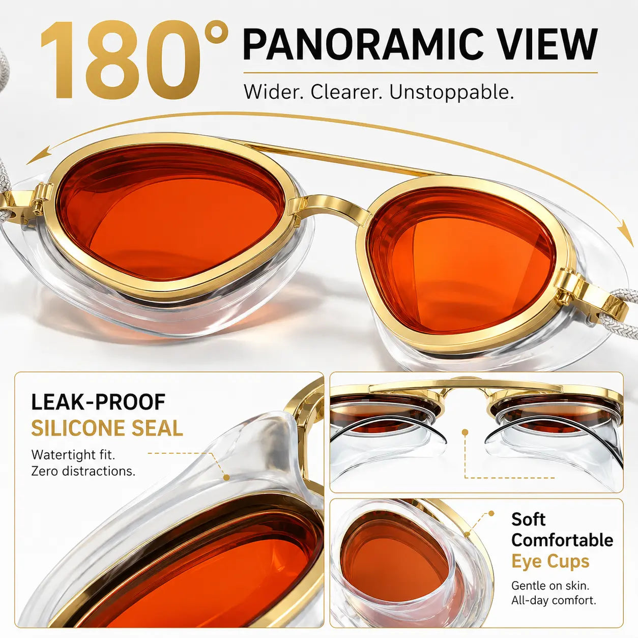2-in-1 Polarized Swim Goggles & Sunglasses, Gold Frame Red Tinted Anti-Fog Goggles with UV Protection, 180° Wide View Silicone Seal for Adults