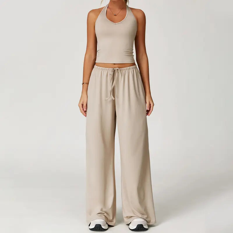 Women's Summer V Neck Top & Wide Leg Pants Set