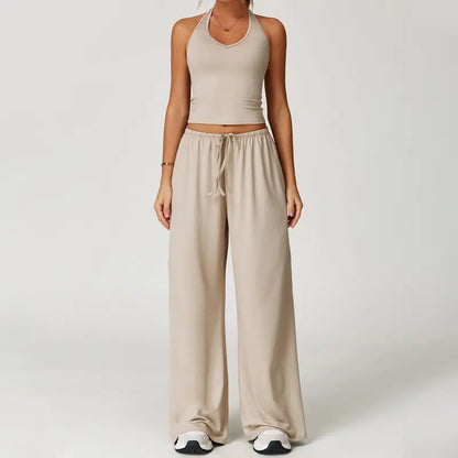 Women's Summer V Neck Top & Wide Leg Pants Set