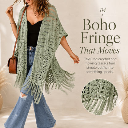 🔥 Limited-Time 49% OFF🏖️ Women's Boho Crochet Fringe Cardigan 🌿 Lightweight Summer Kimono